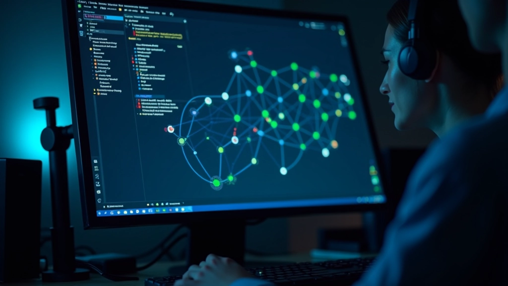 Computer screen showing pathfinding algorithm visualization with colored nodes and connecting lines
