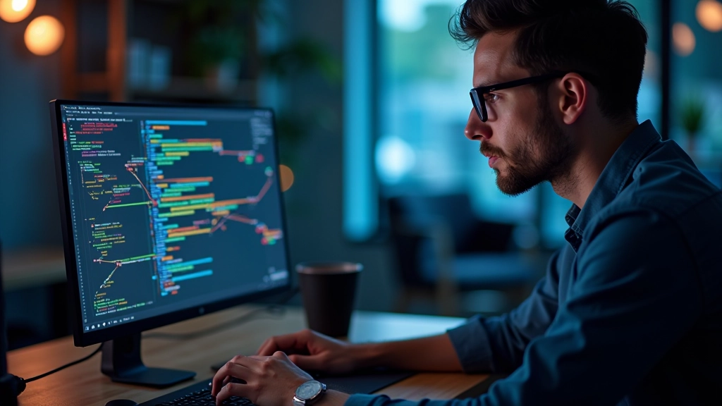 Developer working on pathfinding algorithm visualization with colorful nodes on computer screen
