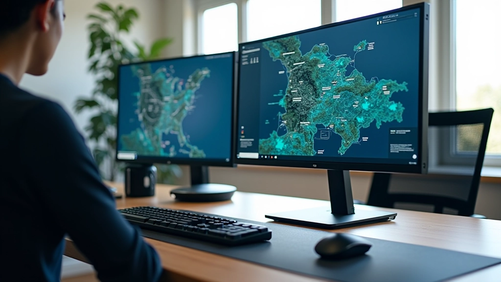 Modern development workspace with dual monitors, clean desk, professional office environment